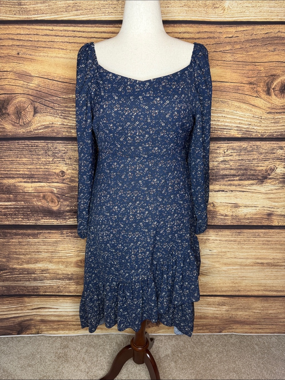SHEIN Navy Floral Long Sleeve Square Neck Tiered Dress